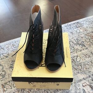 Restricted Black Laser-Cut Lace-Up Peep Toe Ankle Heels